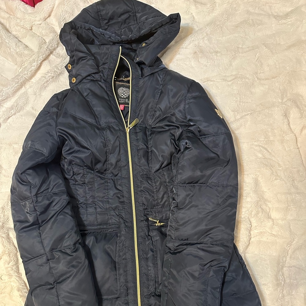 Vince Camuto Navy Puffer Jacket with Gold Accents
